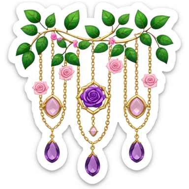 Hanging suncatcher, gold chains with shiny sparkly amethyst and rose-quartz gemstones, roses, beautiful leaves, gorgeous aesthetics sticker