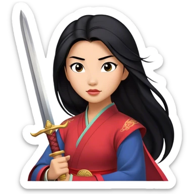 Cinematic Realistic Mulan Portrait, depicted with lifelike skin texture, soft natural lighting, and intricately detailed long black hair styled elegantly. Her deep, expressive eyes exude determination and grace, complemented by a serene yet confident expression. She stands with one hand resting on the hilt of her sword, the other by her side, exuding strength and poise. She is dressed in her classic attire, with rich fabric textures and delicate folds that catch the light beautifully. The portrait features a soft, enchanting glow with a natural, radiant finish, capturing the essence of timeless strength and beauty in a realistic and painterly style, evoking a sense of depth and authenticity. sticker