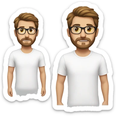 Young man with a short beard, brown hair and a moustache, wearing a white t-shirt and glasses with transparent frame sticker