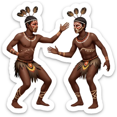 Cinematic Realistic scene of two indigenous male aboriginals performing an Aboriginal Corroboree, adorned in traditional body paint, captured in fluid motion with earthy tones and vibrant, cultural lighting sticker