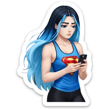 Shameful disappointed crying-very very very very big chest-texting on a samsung cell phone-very long straight flowing black to sky blue hair ombre-blue eyes-black eyeliner-long eyelashes-plastic sparkling sky blue very low cut tank top with sparkling superman logo-black leggings-nike sneakers sticker