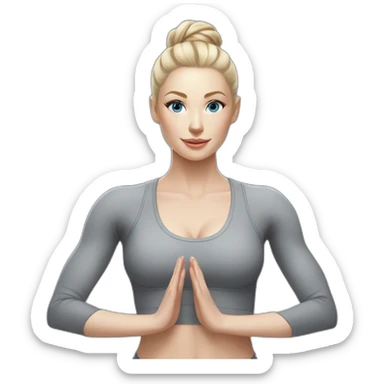 Pale skinned fit woman In a gray tight yoga suit and wristbands With ash blonde hair in a bun doing yoga with Blue eyes sticker