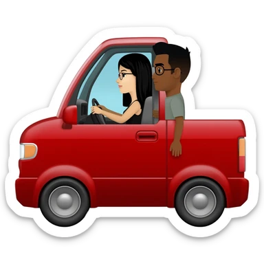 Camioneta roja mazda, con una mujer en el volante de pelo negro y lentes, y un copiloto hombre de pelo corto negro y lentes sticker