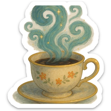 enchanted teacup with swirling steam, soft painterly textures, magical and whimsical, no background sticker
