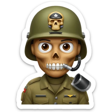 A bold emoji-style skull wearing a realistic army helmet,shushing . Clean vector style, high contrast, centered composition, modern emoji aesthetic, slightly dramatic lighting, detailed helmet texture, confident and intense expression, 3D glossy finish, high resolution. sticker