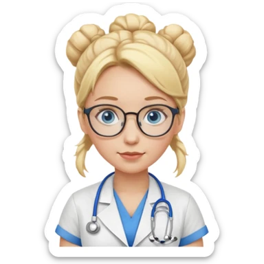 Blonde hair with two buns, blue eyes, stethoscope, and glasses sticker