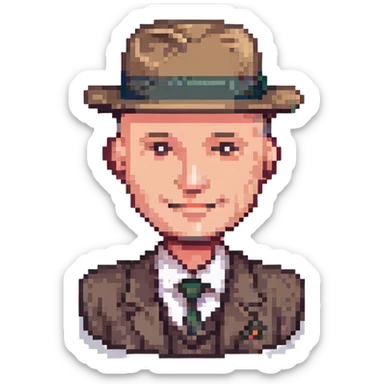bald man in a fedora, smirking, pixel art style sticker
