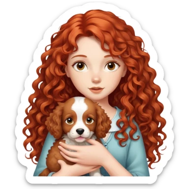 Long red curly hair girl with puppy sticker