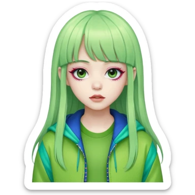  portrait-of-a-green alien-k-pop-idol,-wearing-a-stylish-streetwear-outfit-with-layered-colorful-clothing,-long-hair-with-bangs,-makeup,- sticker