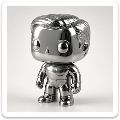 a set of Funko Pop style characters posed together, each with a unique metallic chrome color, reflecting light, cheerful and fun sticker