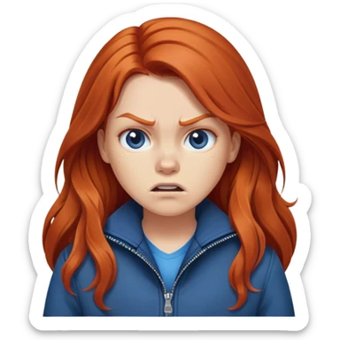 Redhead girl with long hair in blue jacket looking angry sticker