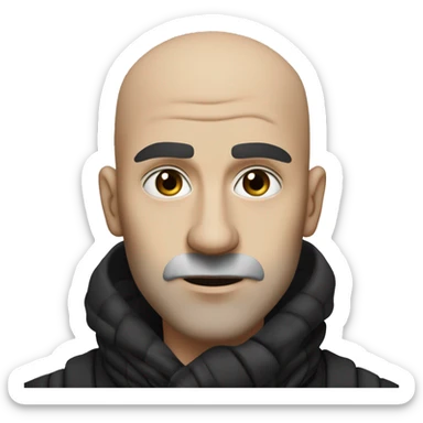 A bald man with a long pointed nose, blue eyes, and thick black eyebrows. He wears a black jacket with a high collar and a grey and black striped scarf. He has a stern expression and a slightly hunched posture. sticker