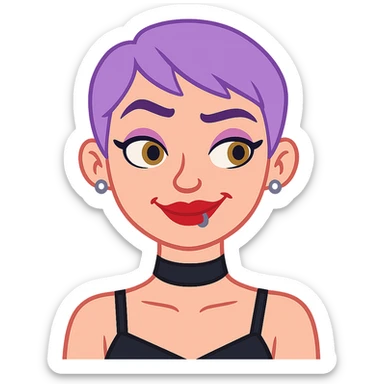Make the character raise her eyebrows and smirk, and add a lip ring. Keep the pastel purple pixie hair, black choker, red lipstick, and earrings exactly as they are. Maintain the pastel toon style with a transparent background. sticker