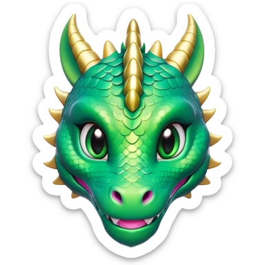 Cinematic Cute Dragon Portrait Emoji, Head tilted playfully and inquisitively, featuring a sleek, serpentine form adorned with iridescent scales that shift between emerald and gold, a delicate set of subtle horns, and round, sparkling eyes full of curious magic; rendered with realistic detail and warm natural light, high shine, affectionate and enchanting, styled with a touch of whimsical fantasy, soft glowing outline, capturing the essence of a mischievous yet lovable dragon that seems poised to slither playfully into your arms! sticker