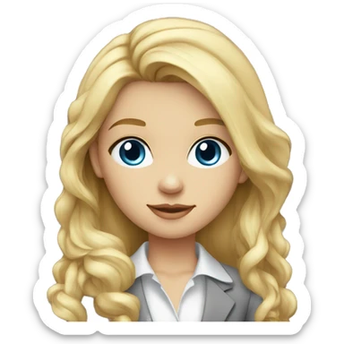 young blonde girl with long hair dressed in suit with gray dress blue eyes and white shirt sticker