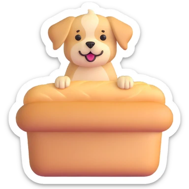 soft fluffy dog as a bread maker, peeking from a bread loaf, cheerful, warm beige, full-body sticker