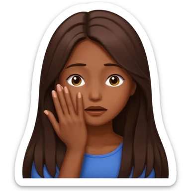 Create an emoji of an attractive chocolate brown woman with long middle part layered hair, turning her head to the side with her hand slightly covering her face as if she’s hiding in embarrassment  sticker