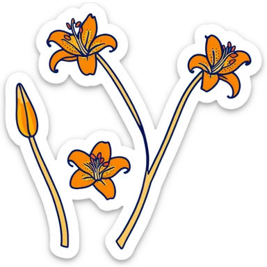 Artistic Japanese tiger lily (oniyuri) flower with stylized composition reminiscent of kimono patterns, orange recurved petals with black spots, gold accents, on indigo background sticker