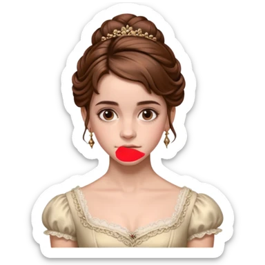 Cinematic Emma Watson Realistic Rococo Portrait, depicted with lifelike skin texture, subtle rosy undertones, and soft natural lighting that enhances the gentle contours of her face. Her intricately detailed brown hair is elegantly styled in an updo, sticker