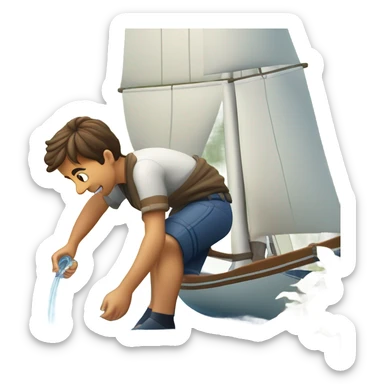 boy pouring water from a hose onto a sailboat  sticker