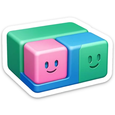 A plain emoji with a company called Rahmer in Austria. Rectangular base, green, blue and pink colours  sticker