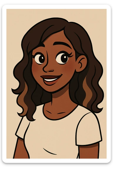 young woman with dark skin, brunette hair with caramel balayage, brown eyes, curled lashes, blush, in a soft cartoon style sticker