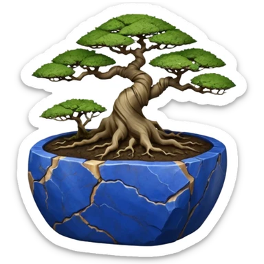 Aged bonsai two toned lapis blue terracotta Roots Stoneware akadama moss on soil irregular angular Stone Age rocks cracked crags and broken rough edges forming a very short shallow forest pot sticker