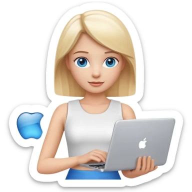 3D Apple-style emoji of a blonde woman with bright blue eyes,
wearing a white sleeveless top,
holding a silver laptop,
clean white background, smooth rounded design
 sticker