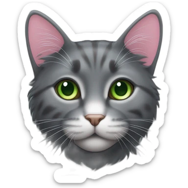fluffy dark grey cat with pink nose, green eyes and white long whiskers, near the nose there are white spots sticker
