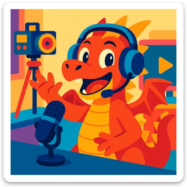 energetic and playful dragon character with headphones and a microphone, styled as a YouTuber, with a camera or streaming setup in the background, vibrant toon style sticker