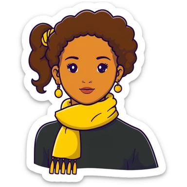 boho girl with brown skin, long curly brown hair tied high, lemon yellow scarf, round earrings sticker