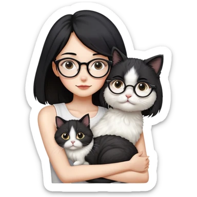 Skinny woman with oval glasses, shoulder length straight black hair, wearing white sleeveless top, hugging a Persian-Angora cat that's gray and white like Oreo cookies, plain background sticker