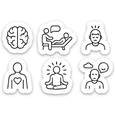 Mental Health icon set. Wellness and psychology related line icons: brain, therapy, stress, support, self-care, mindfulness, meditation, depression, counseling and emotion . Editable stroke.
 sticker