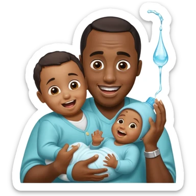 Sean “Diddy” Combs with baby oil and a very small infant and he’s pouring the baby oil on the infant that is laughing with a very exaggerated expression sticker
