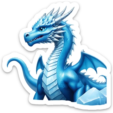 Cinematic Noble wise elegant Ice Dragon full body  Emoji, Poised and imposing, distinct long elegant snout, with a slender, scaled body shimmering in glacial hues of icy blue, frostbitten silver, and crystalline white, breathing out frost, with piercing, glowing ice blue white eyes that radiate the chilling depths of an arctic storm; rendered in detail. excuding wisdom sticker