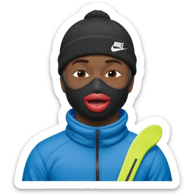 black guy with nike ski mask on squinching his face with his lips puckered trying to hold his laugh with his eyes closed sticker