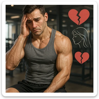  bodybuilder che fa cicli senza base di testosterone, con problemi intimi legati alla coppia, iper realistica, in italiano se usi testo sticker