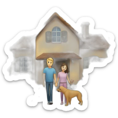 Un chien et un chat devant une maison avec une famille composer de 1 garç et 2 fille sticker