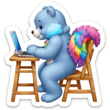 Care bear back view, sit on a chair, working on a computer sticker