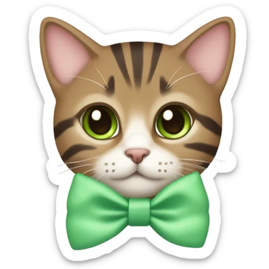 kawaii brown tabby with green eyes and pastel green bow on ear sticker