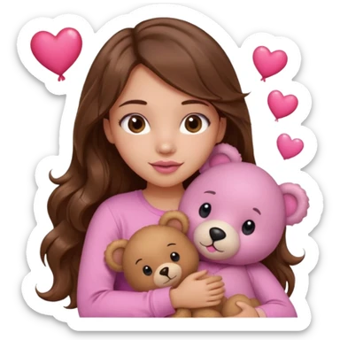 girl with long wavy brown hair, brown eyes, light to medium complexion, in a pink shirt, pink lips, long lashes, hugging squeezing  a teddy bear with hearts sticker