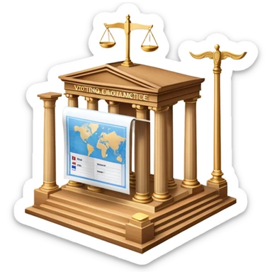 An icon featuring a ballot box with a voting paper, a government building with columns, and a scale of justice, symbolizing political science. The design includes a world map in the background, representing global political systems. Transparent background highlights governance and civic studies. sticker
