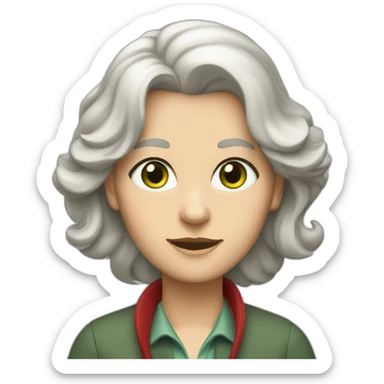 28 old women, white skin, long blond hair, green eyes, red shirt in a gray jacket sticker