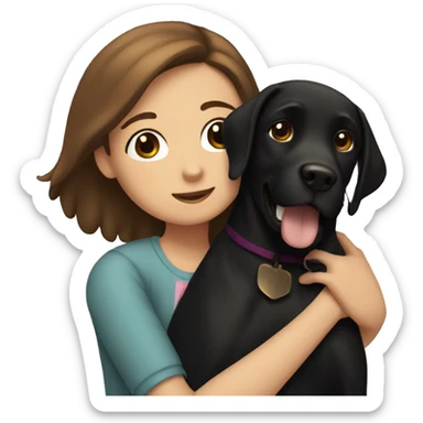 A girl with brown hair hugs a medium-sized black Labrador dog sticker