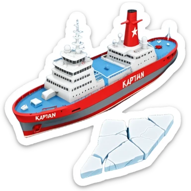 Realistic 3D icon of icebreaker "Kapitan Krutov" (grey hull, red star, white superstructure, "РОСМОРПОРТ" lettering). Soft winter lighting, 3/4 aerial view. Fractured blue ice, white background. High detail, photorealistic GSON style. sticker