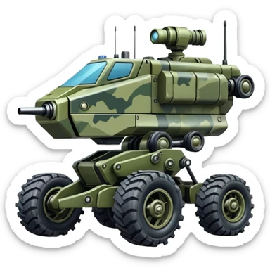 a 4-wheel camouflage army massive mech trail vehicle shooting forward side-hill leaning actively suspended pod gimbal enemy mech off-road racing rover with large fast engine  sticker