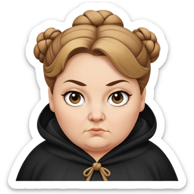 Alecto Carrow in harry potter, a white fat woman , one knot bun light brown hair, look evil, black cloak sticker