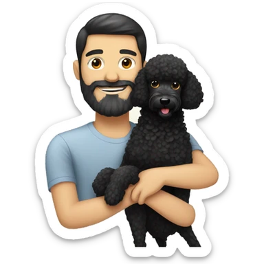Black-haired and white guy with beard hugs black poodle dog  sticker