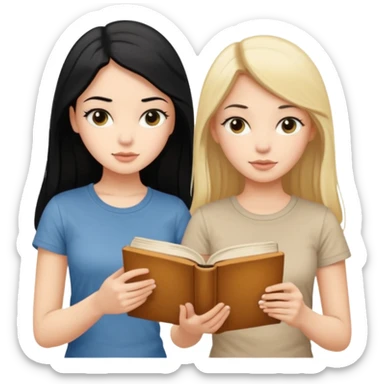 beautiful white girl with black hair in beige t-shirt and beautiful blonde girl with long hair in beige t-shirt reading beautiful vintage book sticker