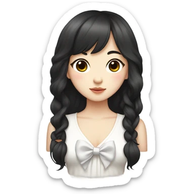 pale korean girl with long black wavy hair and front Korean bangs with bow on her hair. White cami top sticker